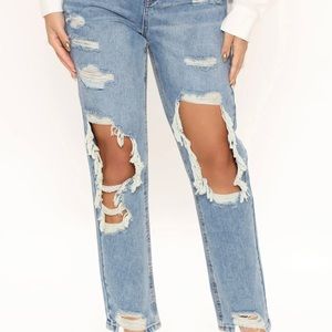 Ripped Straight Leg Perfect Boyfriend Jeans - Light Blue Wash